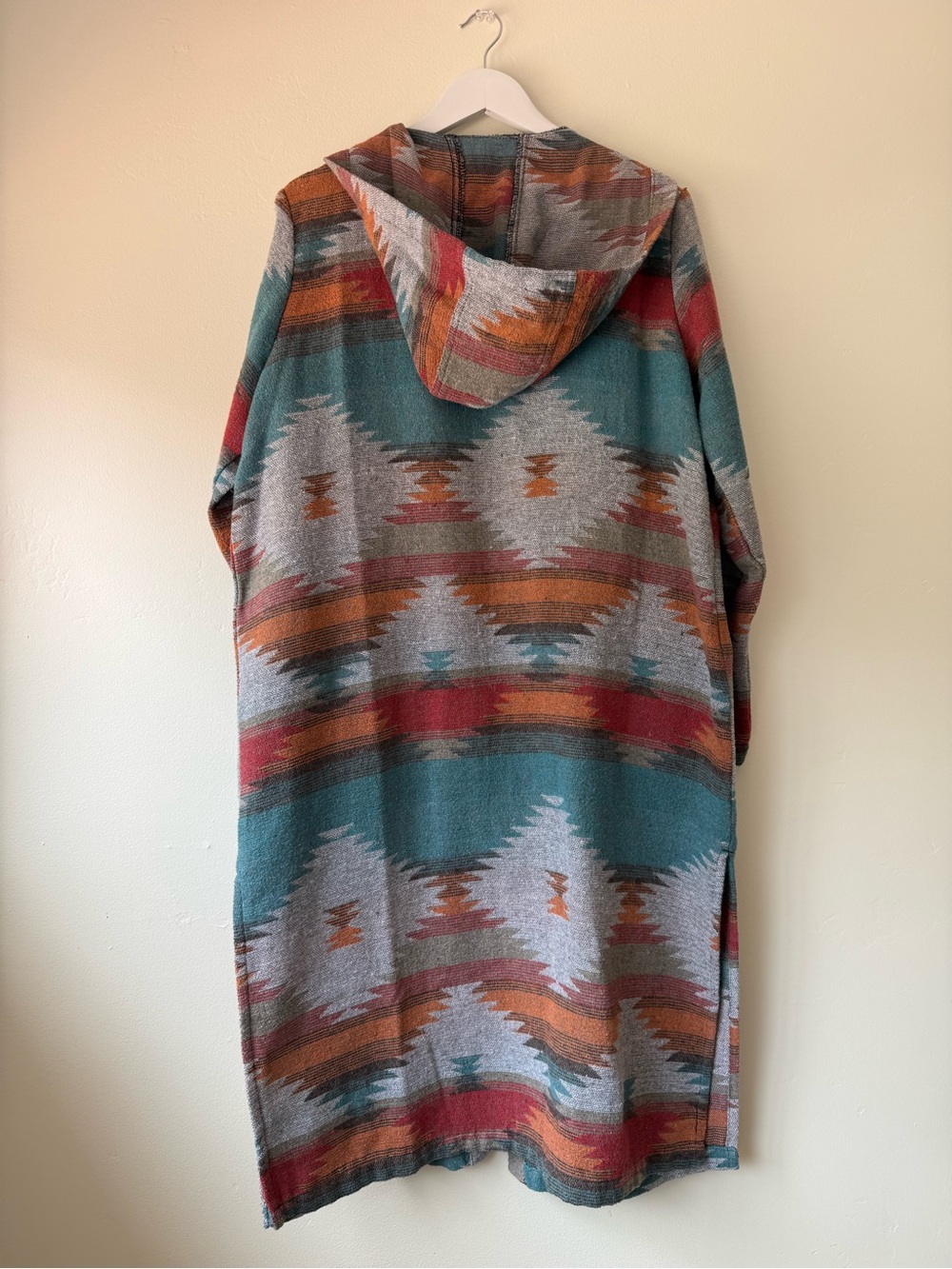 Hooded Southwestern Knit Coatigan in Teal & Rust